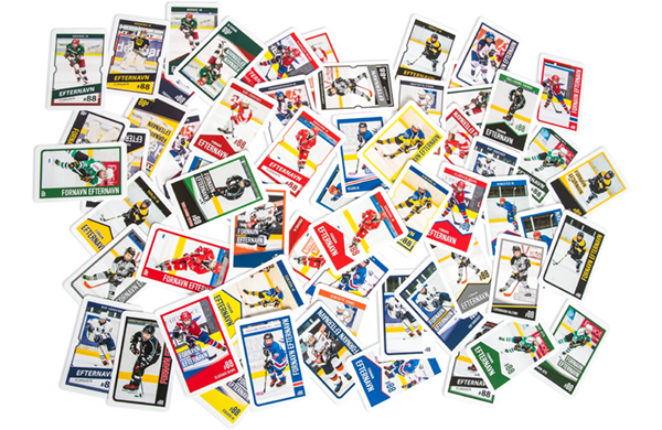 Personlige unikke hockeykort som kan byttes med holdkammerater eller andre hold som byttekort.